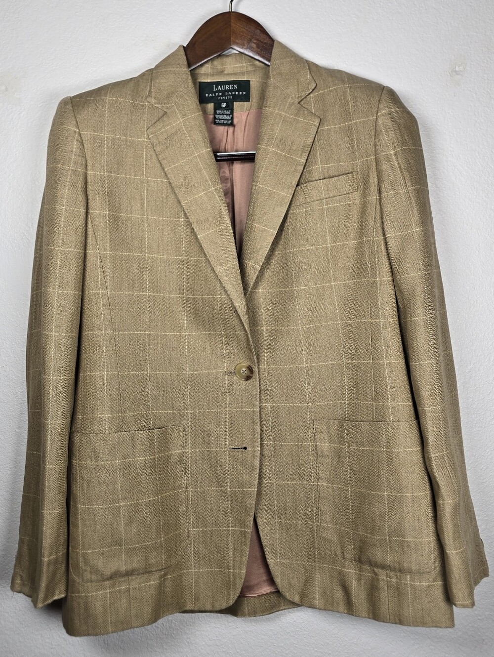Vtg 90s Lauren Ralph Lauren Linen Blazer Jacket 6P Tan Plaid Herringbone